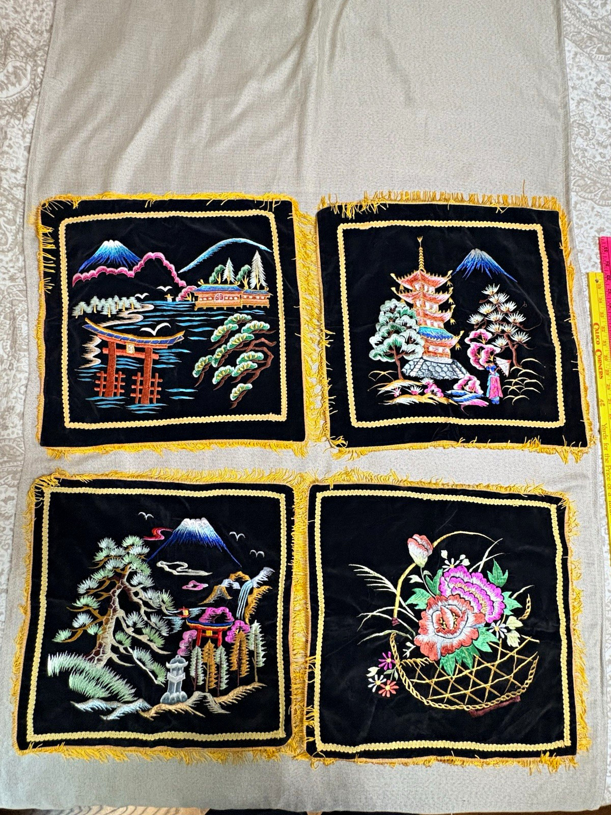 Vintage Japanese Embroidered Velvet Cushion Covers Set of 4 Mount Fuji Pagoda