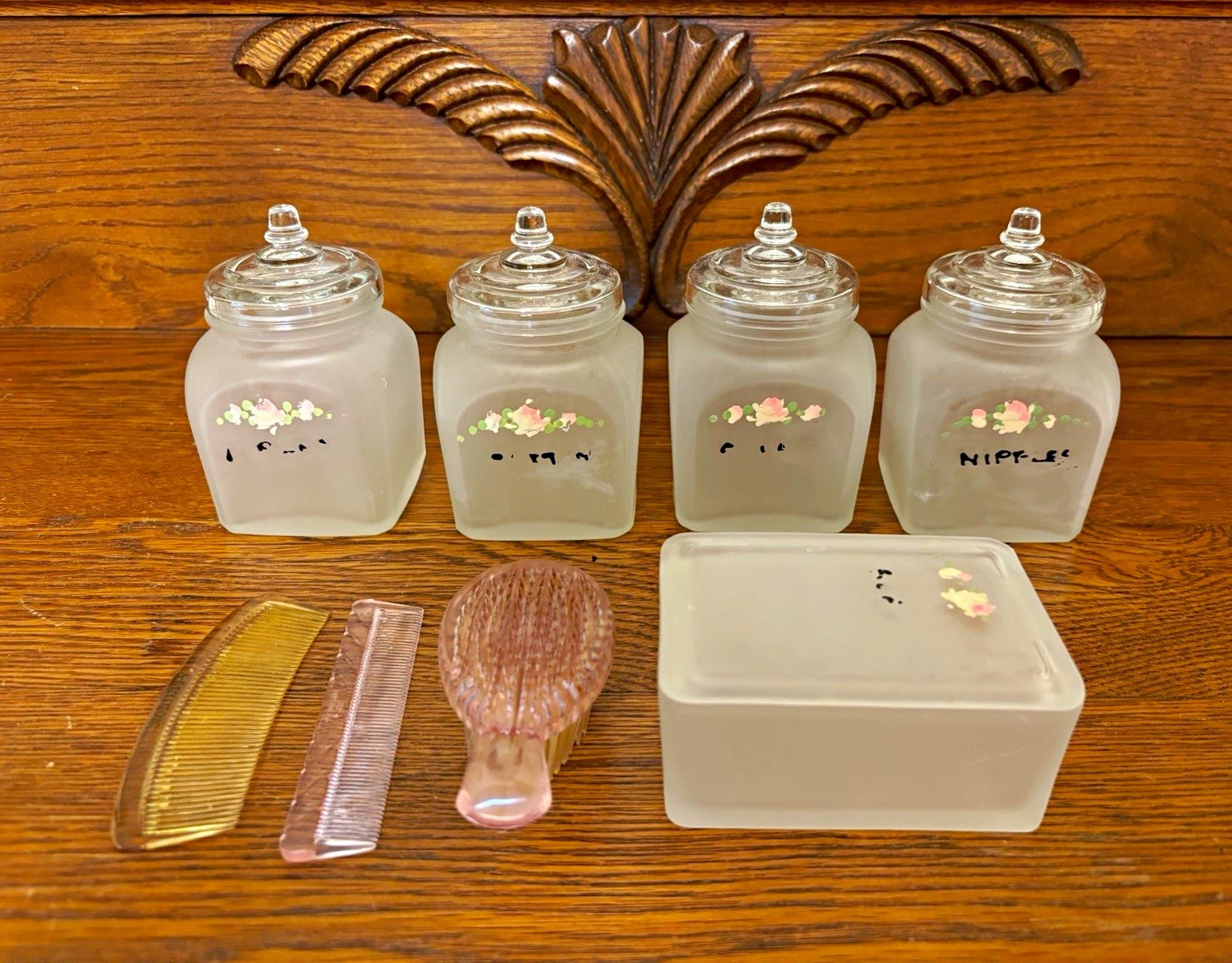 Vintage Frosted Glass Baby Vanity Set Jars w/ Lids, Brush, Comb, Box w/Lid