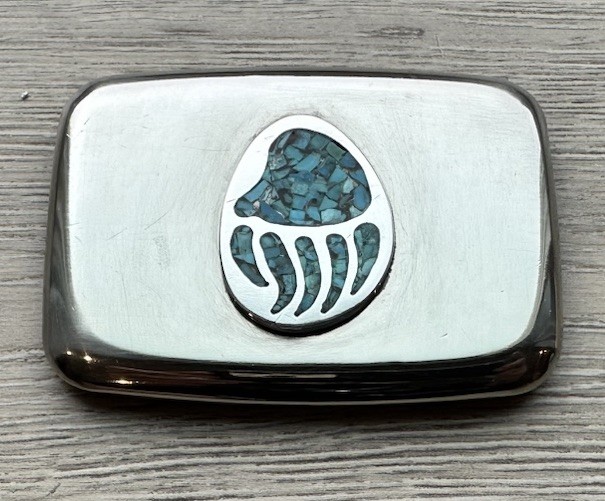 Native American style belt buckle featuring a chip inlay turquoise bear paw