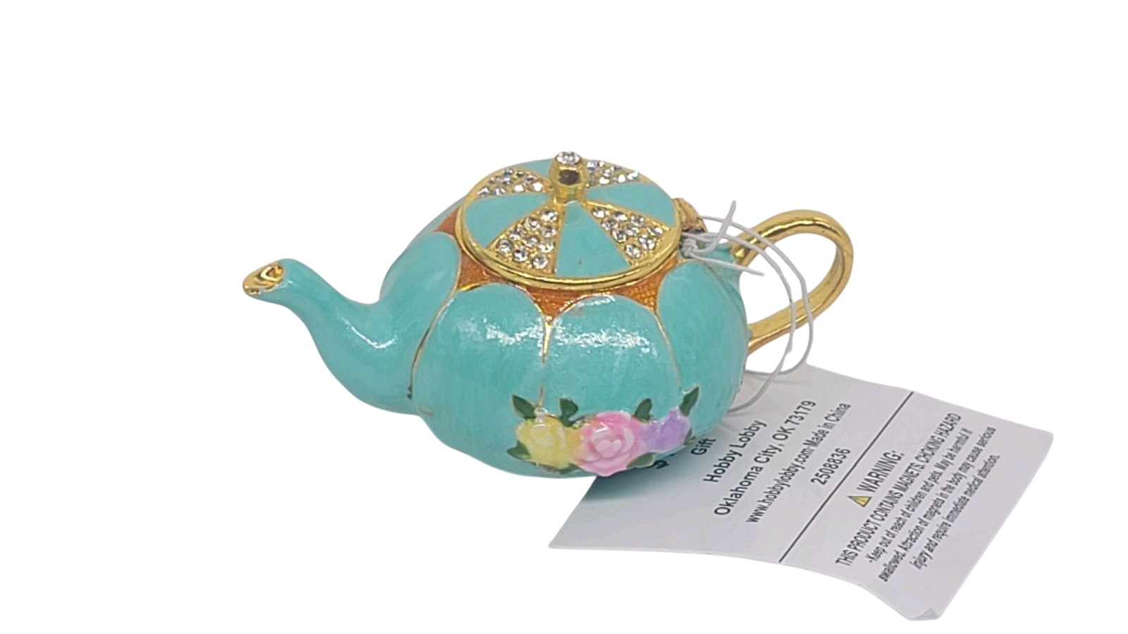 NEW Bejeweled Hinged Enameled Metal Trinket Box Turquoise Tiny Teapot NWT