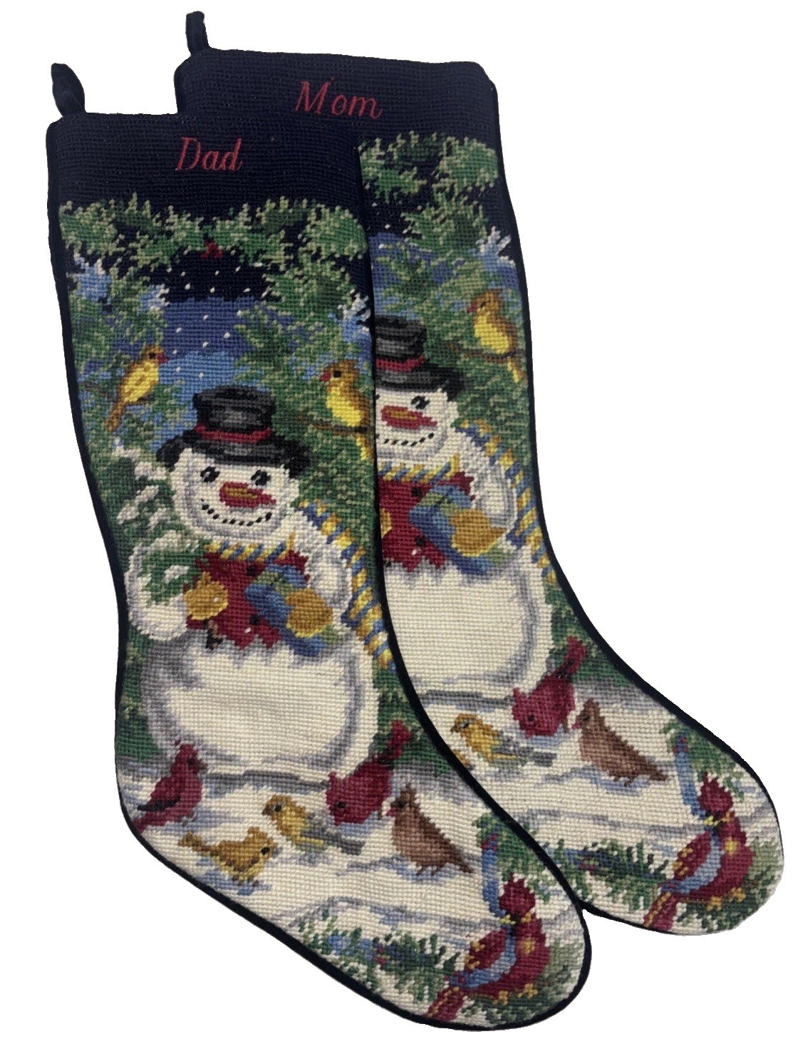 2 Vintage Y2K Lands' End Needlepoint Wool Christmas Stocking Mom & Dad Snowman