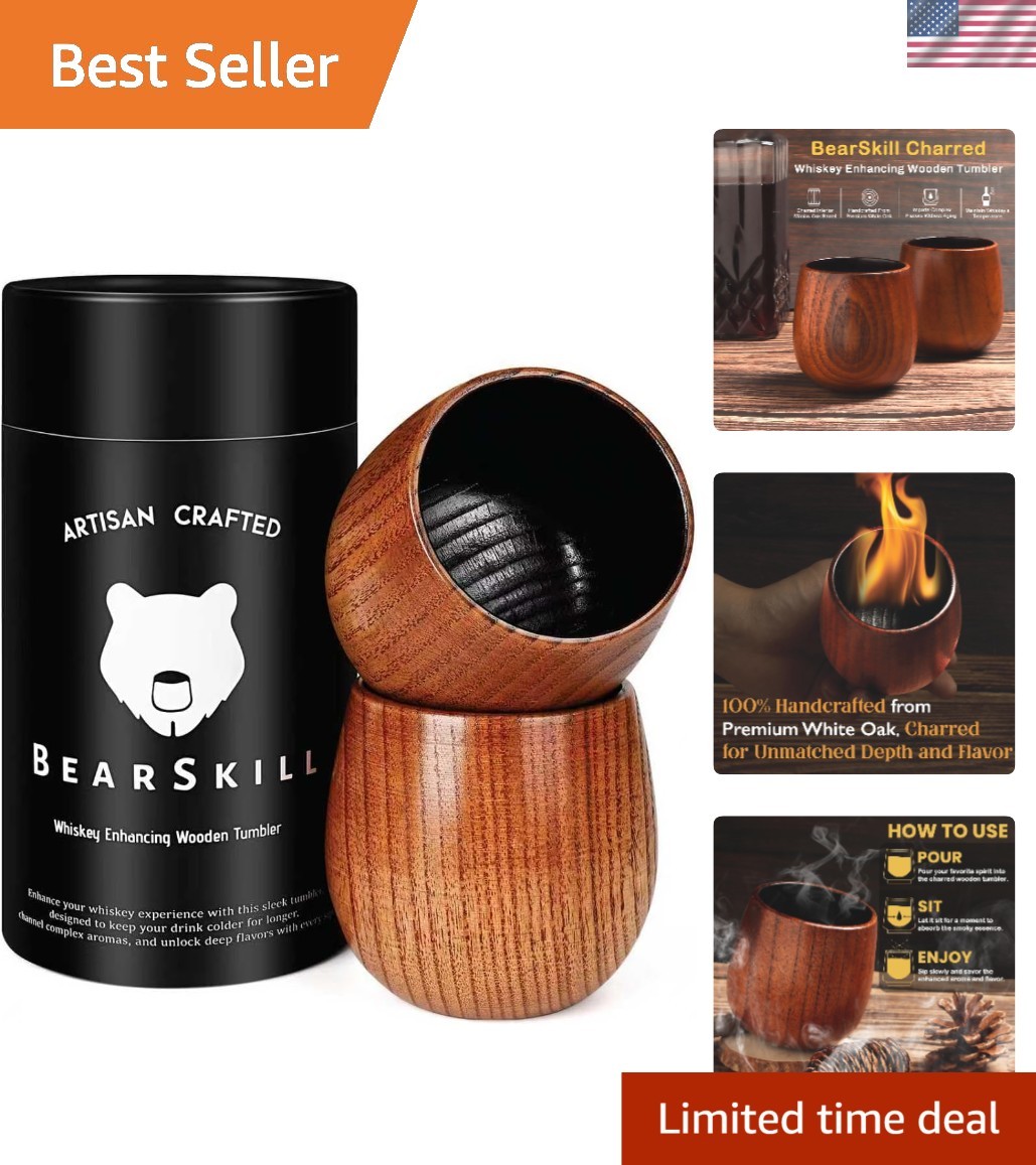 Charred Wooden Bourbon Drinking Glass Set - Unique Whiskey Tumblers Gift