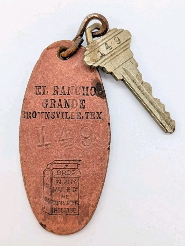 Vintage Hotel Key El Rancho Grande Brownsville Texas TX RGV Skeleton Key & Fob