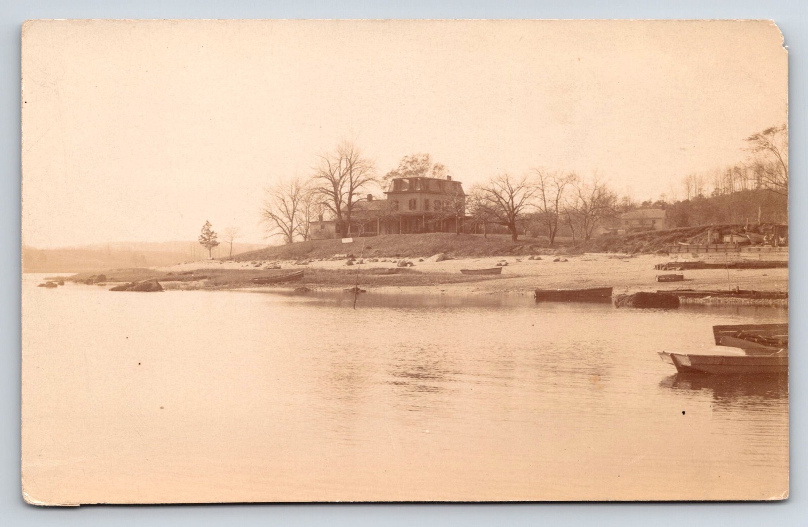 Postcard Unidentified RPPC, Lake, Home Beyond, Boats, Canoe No Tree Foliage