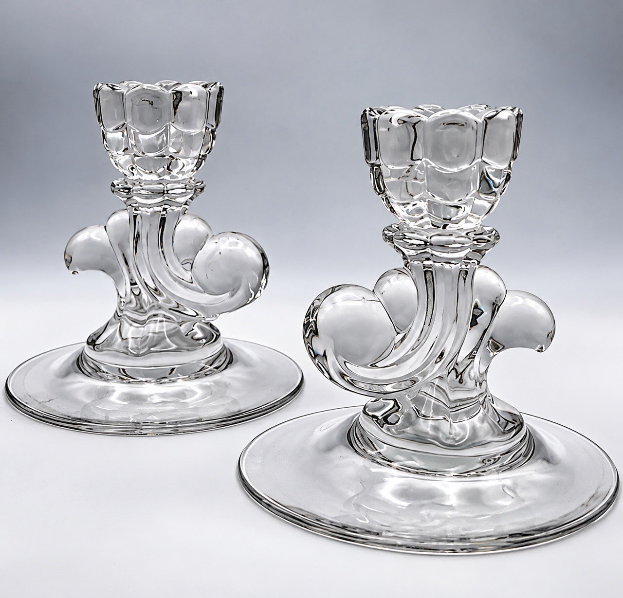 Cambridge Glass Cascade Clear Candlestick Holders Pair Vintage Elegant MCM