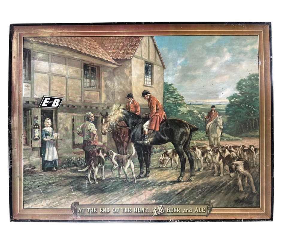 VTG 1930s E&B BEER & ALE Ekhardt Becker Detroit MI Tin TOC Hunting Scene Sign