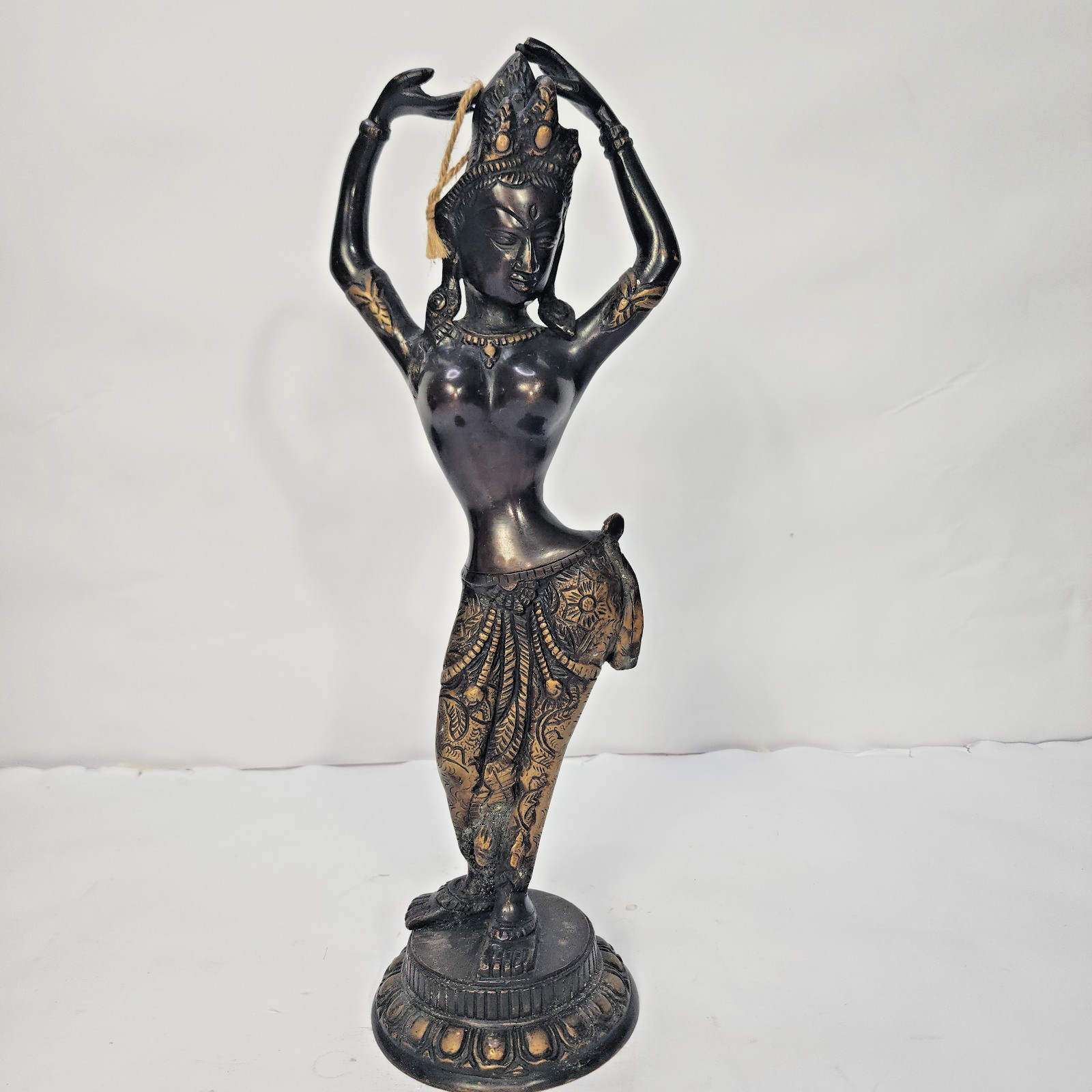 Vintage Brass Bronze Dancing Apsara Statue Hindu Goddess Figure Dark Patina 15in