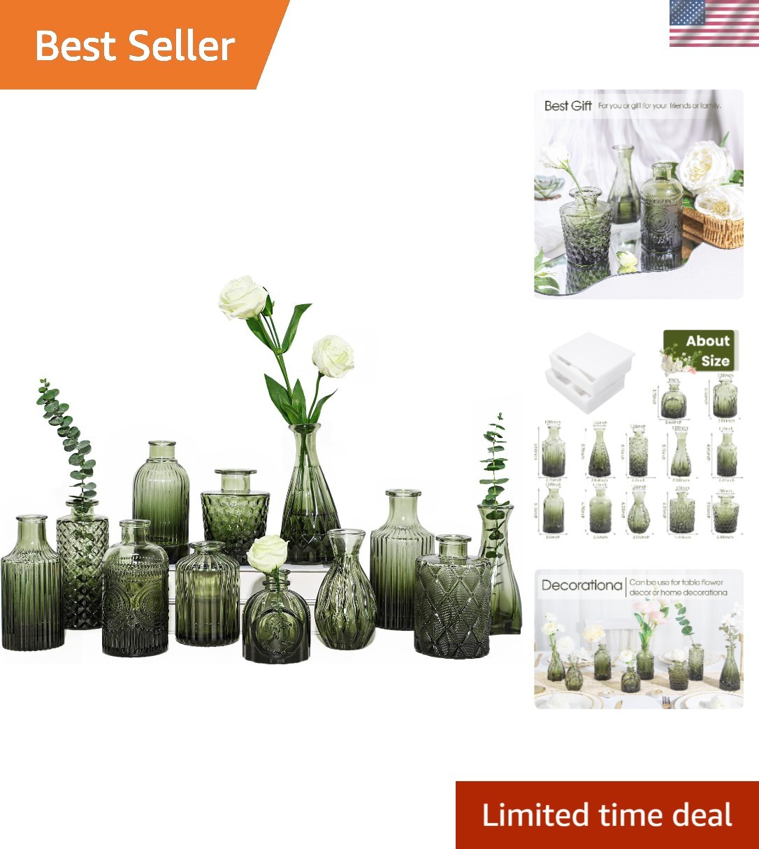 Elegant 12pc Vintage Green Glass Bud Vases Set - Perfect for Any Occasion