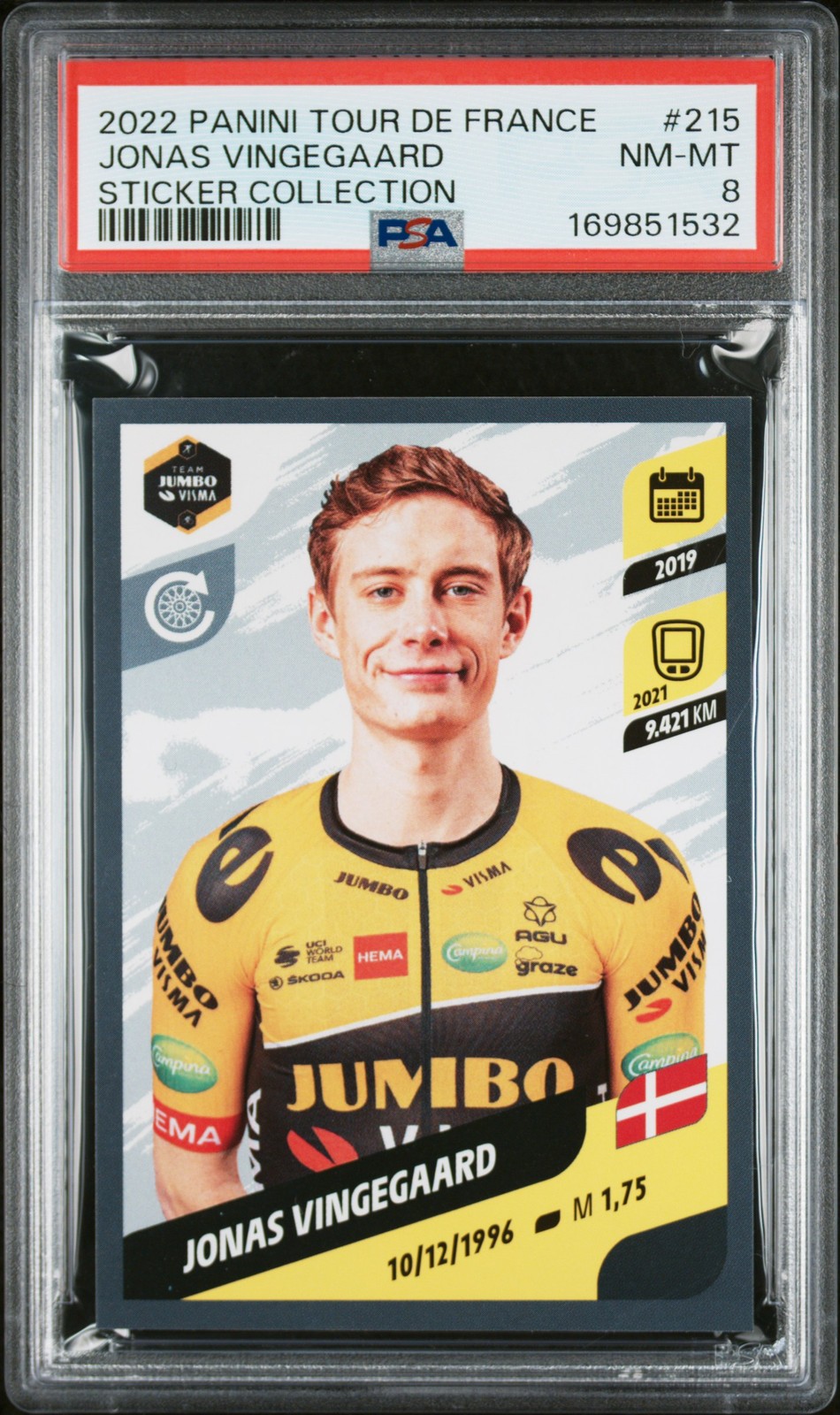 2022 PANINI TOUR DE FRANCE STICKER COLLECTION #215 JONAS VINGEGAARD PSA 8