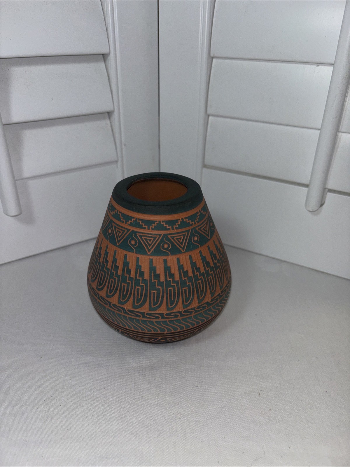 Navajo Sgrafitto Etched Pottery Vase Teal Black Terracotta by Dennis Charlie