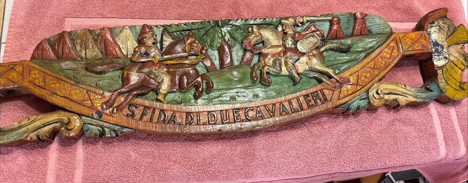 Antique 19th century Sicily Carved Wood Jousting Scene 35