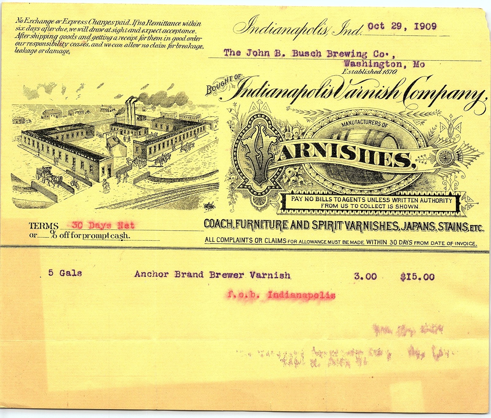 1909 Indianapolis Varnish Co. bill to Busch Brewing