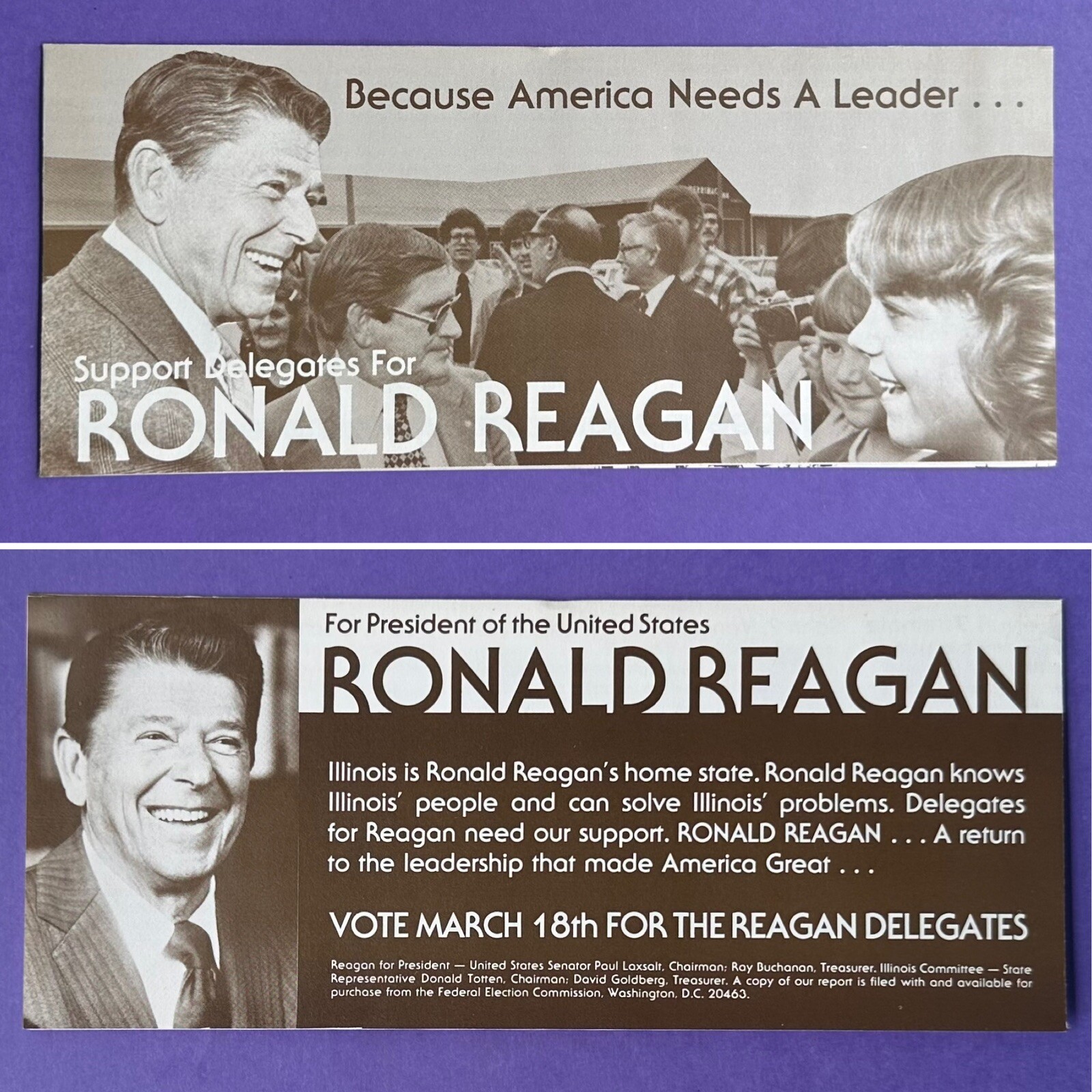 1980 Ronald Reagan Presidential GOP Primary Campaign Flyer / Illinois Delegates