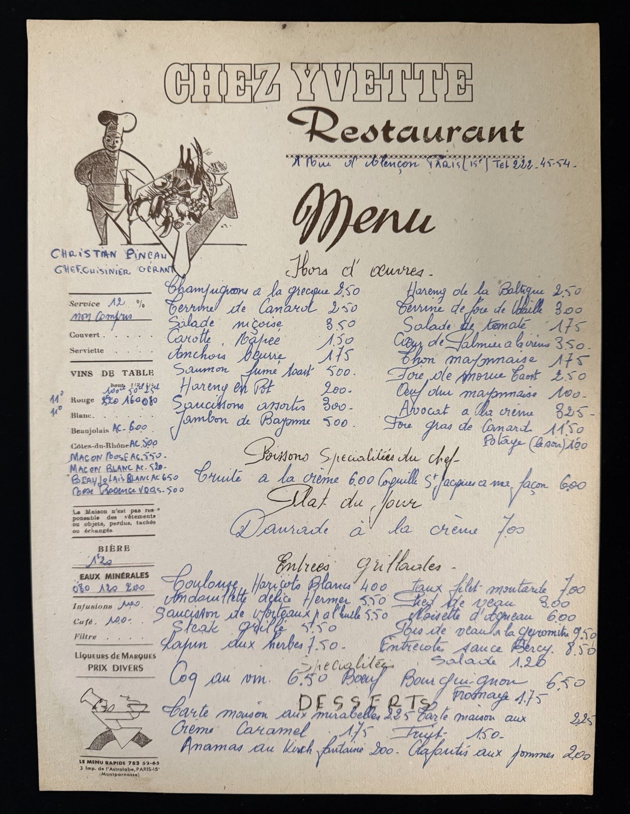 Chez Yvette Paris France Restaurant Menu 1967 Original French Bistro Menu