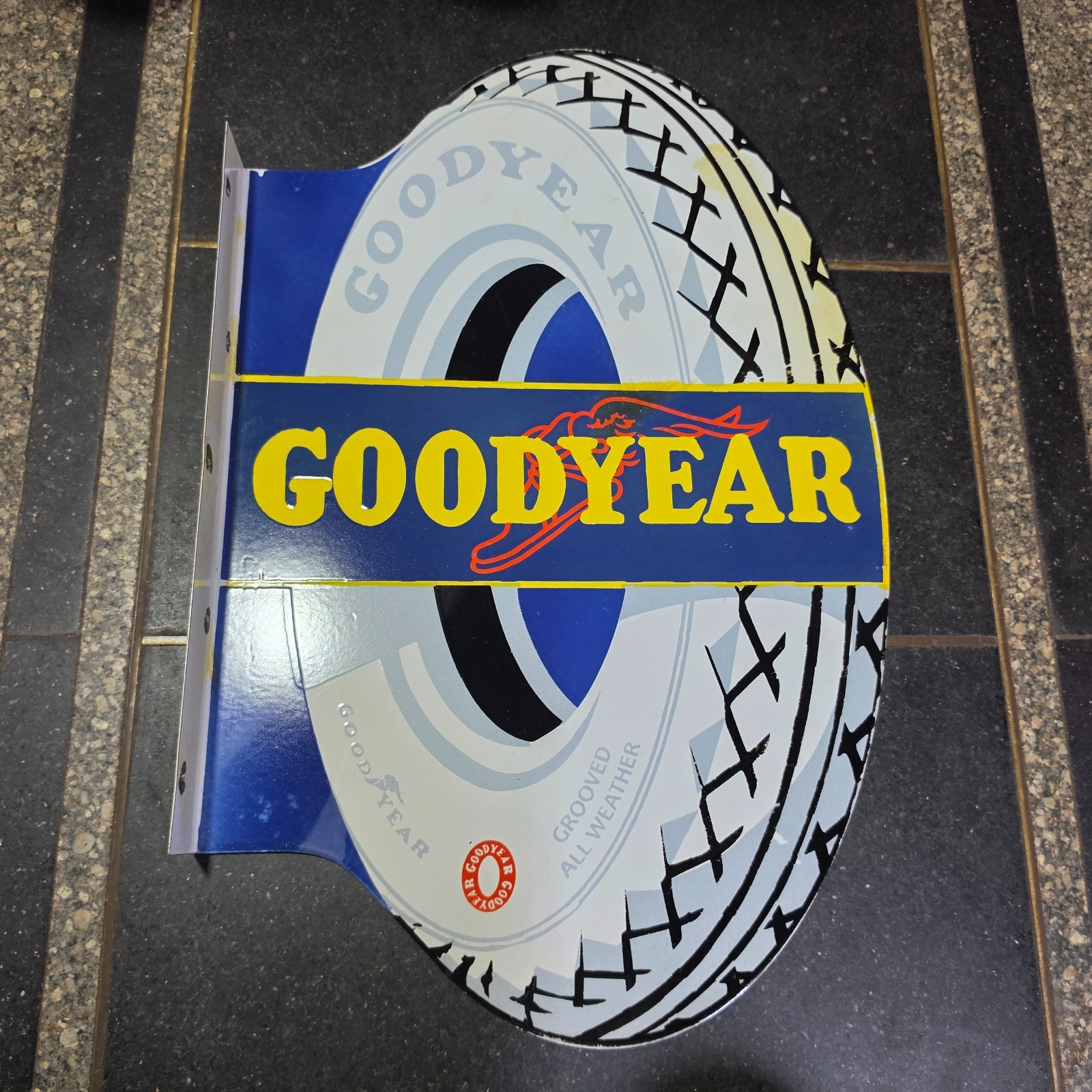 GOODYEAR BALLOON FLANGE 2-SIDED PORCELAIN ENAMEL SIGN 19 X 30 INCHES