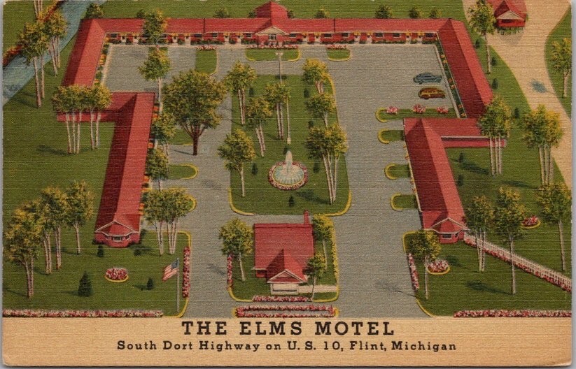 1950s FLINT, Michigan Postcard THE ELMS MOTEL Aerial View Hwy 10 Roadside LINEN