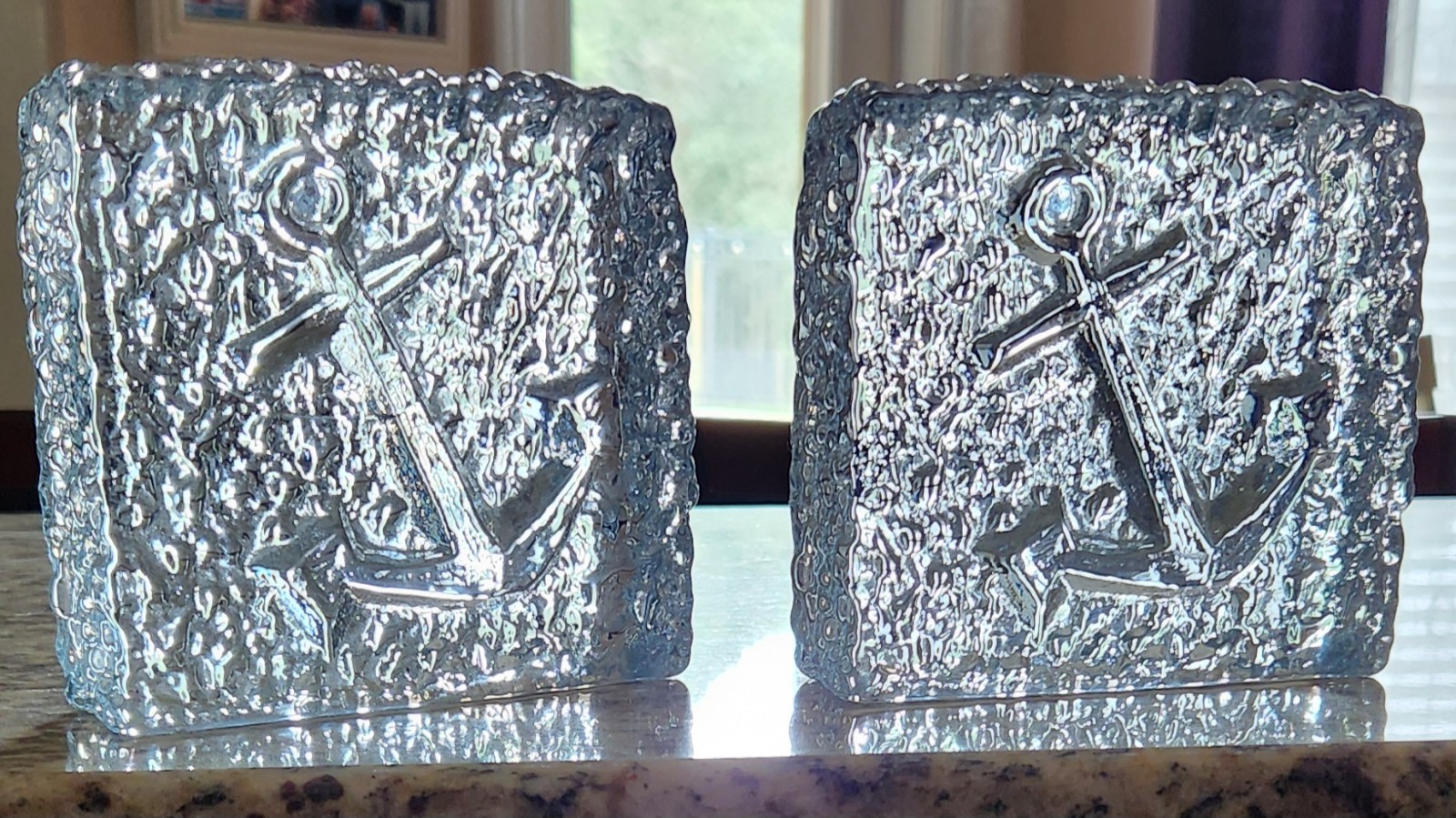 1070\'s  Vintage Blenko Glass ice block Anchor Bookends OR Decor