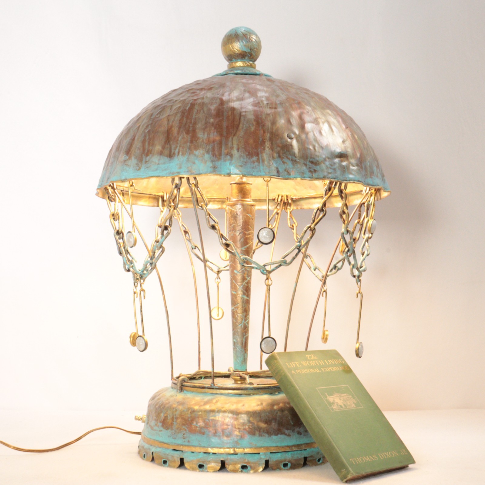 VTG Hammered Metal Table Lamp Verdigris Carousel MCM Handmade Artist Cesar & Son