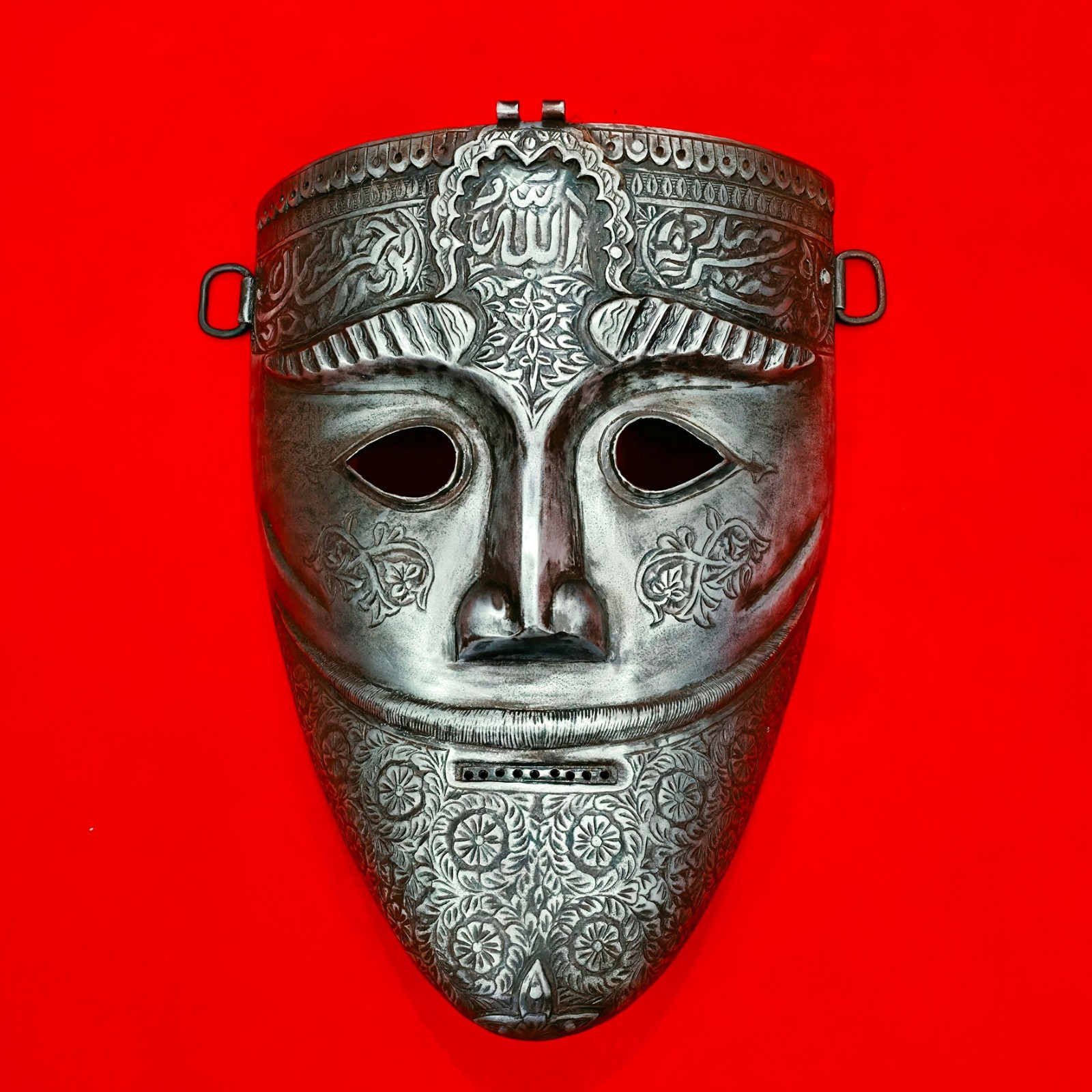 VINTAGE IRON MUGHAL INDO PERSIAN ISLAMIC WARRIOR\'S FACE MASK ARABIC INSCRIPTION