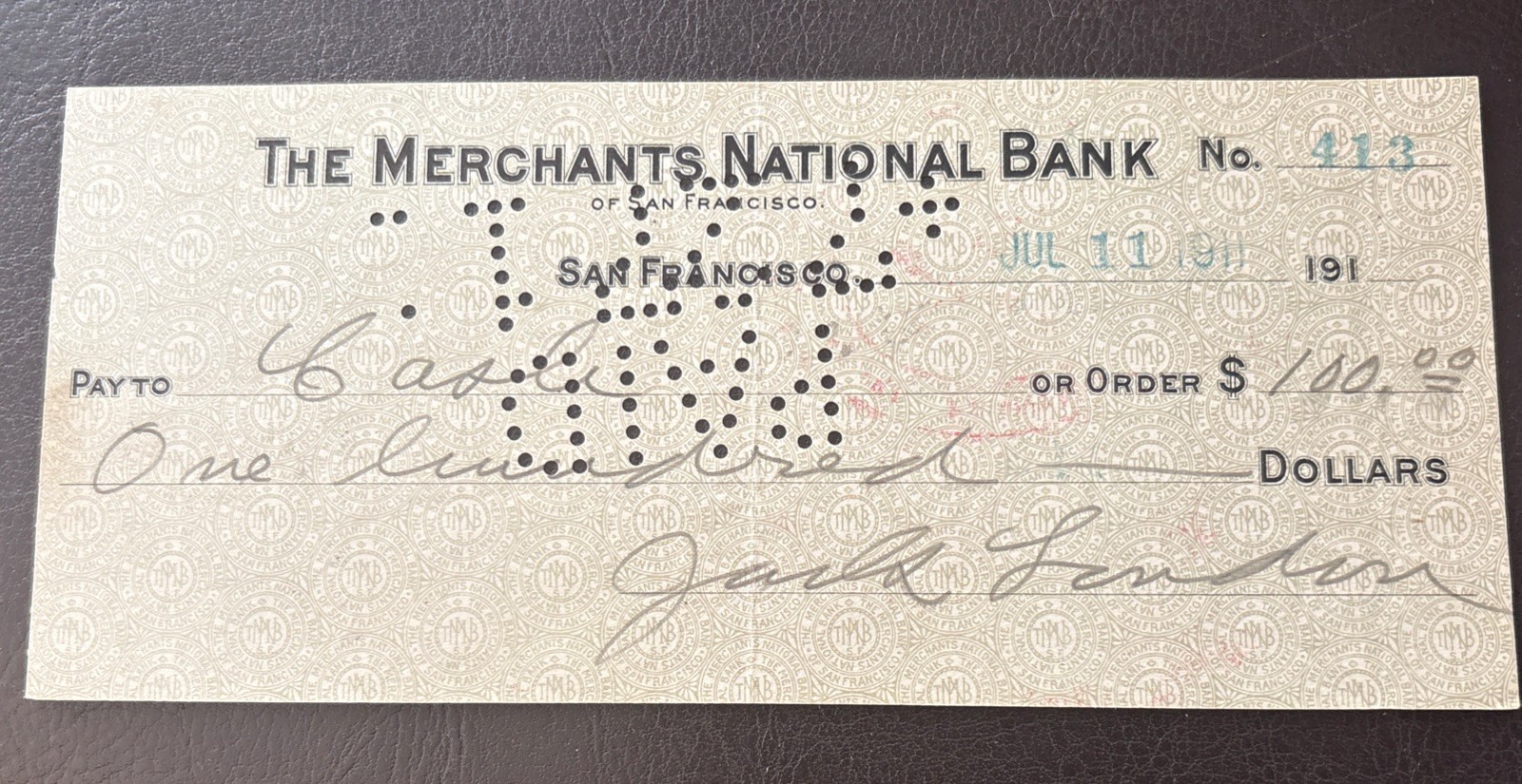Jack London Double Signed Check for $100 Cash 1911 LOA JSA - LOA PSA