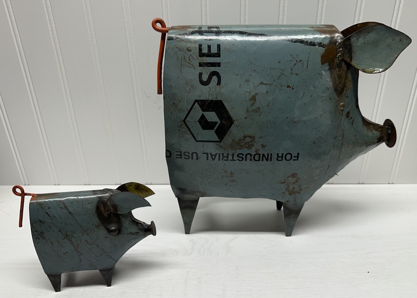 Pair Recycled Scrap Metal Pig Sculptures Rustic Upcycled Folk Art Figurines