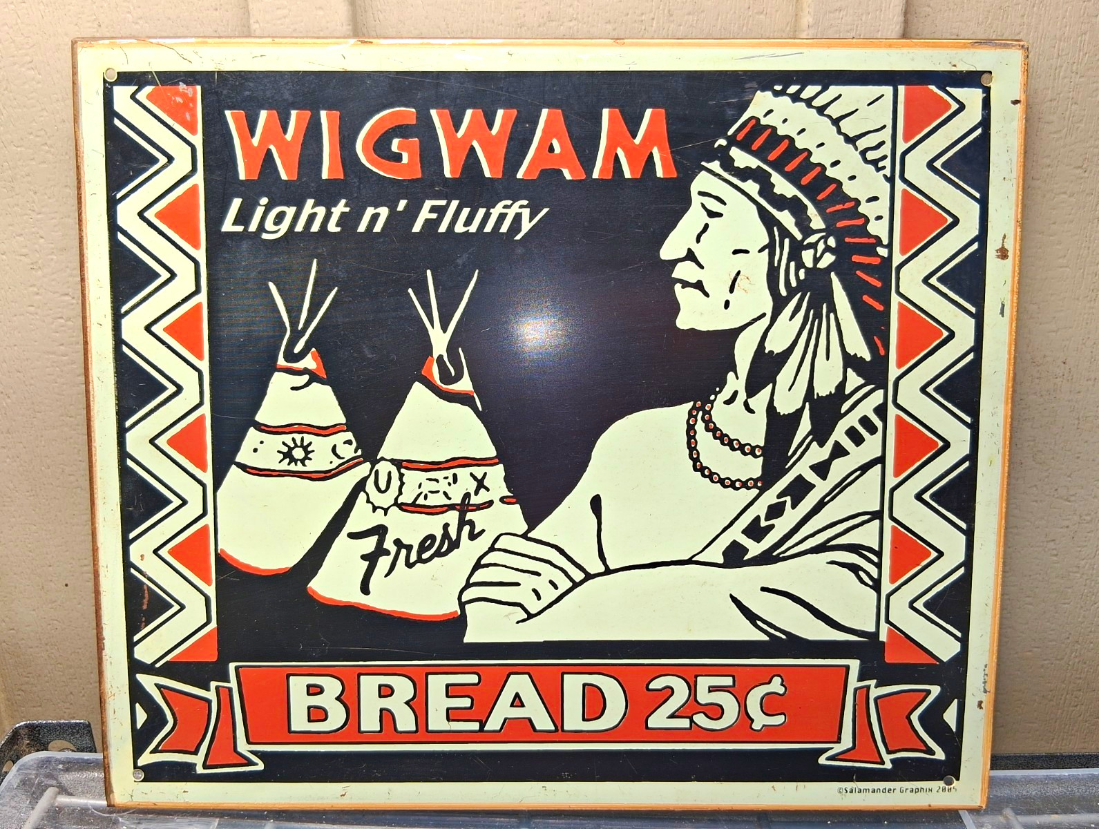 Wigwam Light n' Fluffy Fresh Bread 25¢ Bakery Advertising Sign, Black/Red/White
