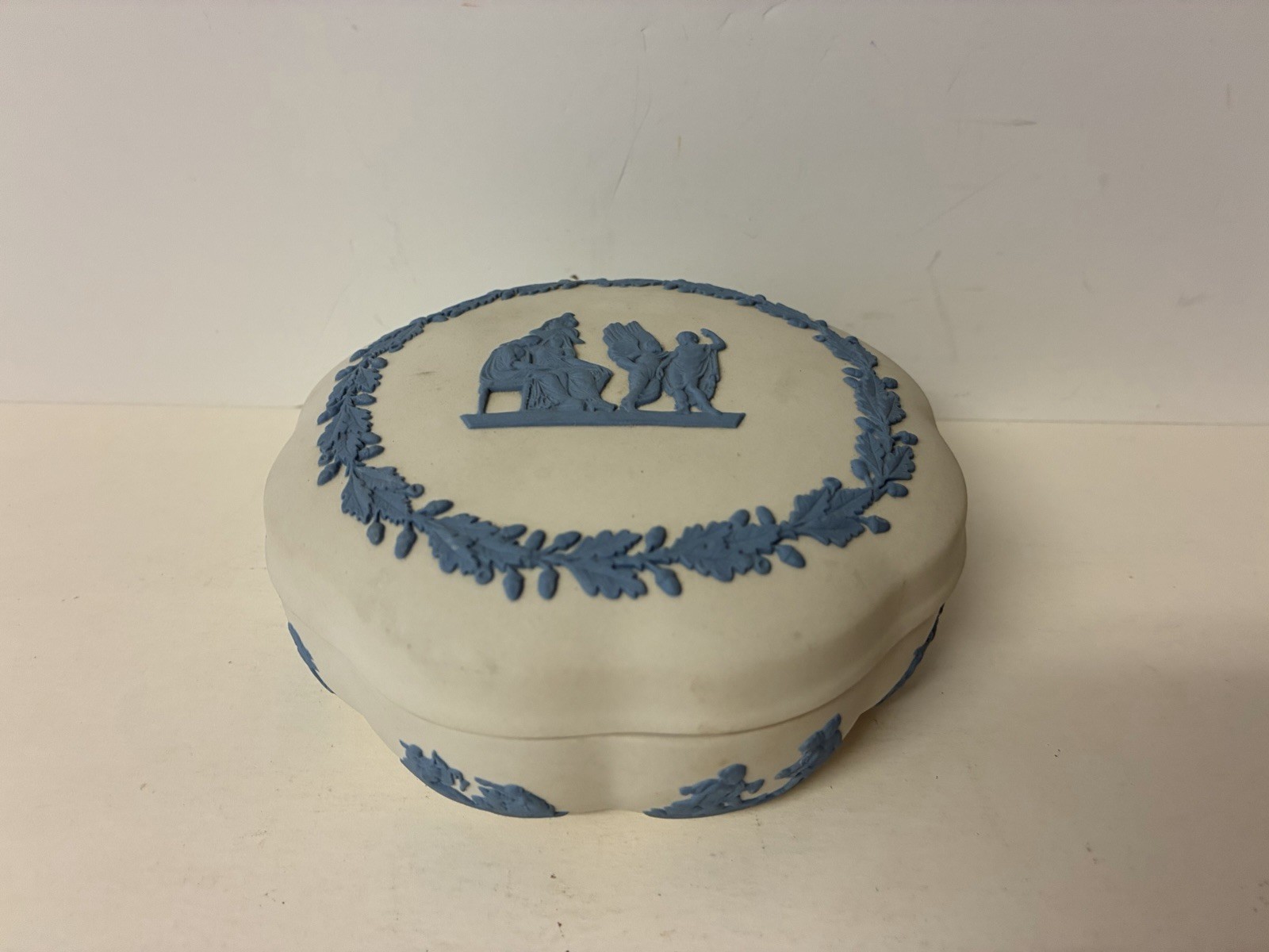 Vintage Wedgwood Blue on White Jasperware Group With Cage Scallop Trinket Box