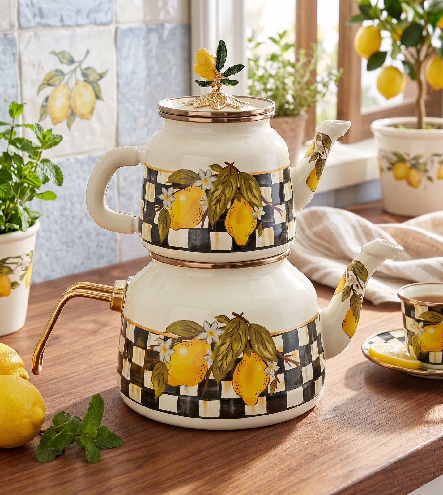 Enamel Turkish Teapot Set Lemon Checkerboard Vintage Double Tea Maker Stovetop