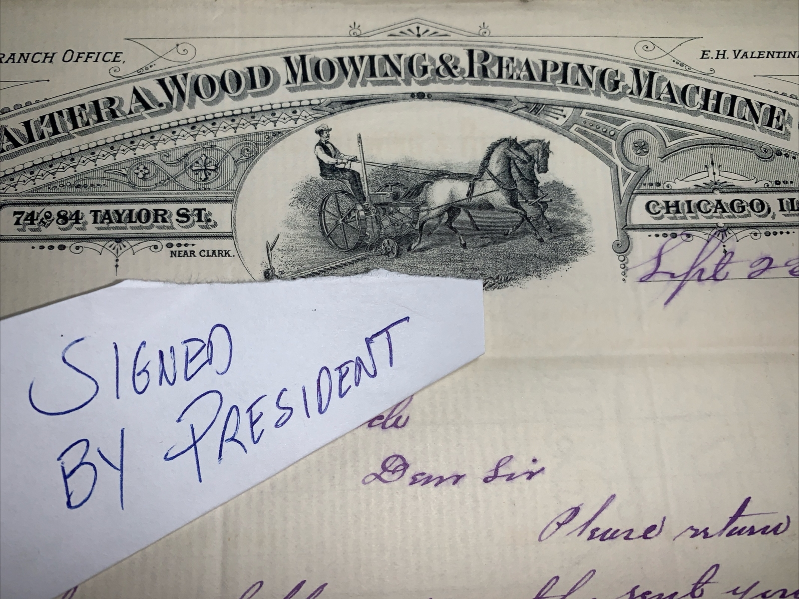 Agricultural Letterhead SIGNED Walter Wood Mowing Reaping 1882 Chicago Farmer