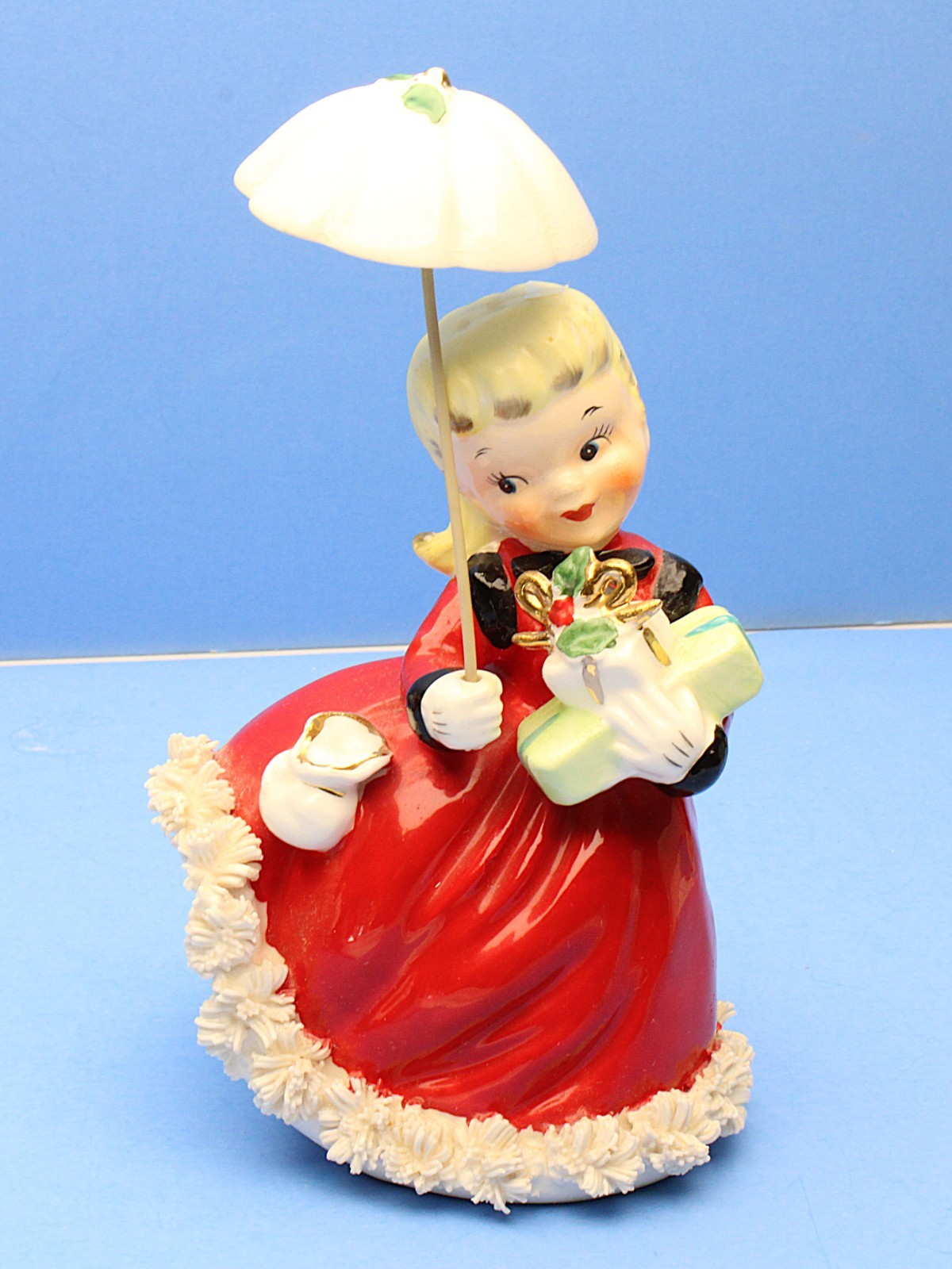 Vintage 1956 Napco Christmas Shopper Girl Spaghetti Figurine w/Umbrella Parasol