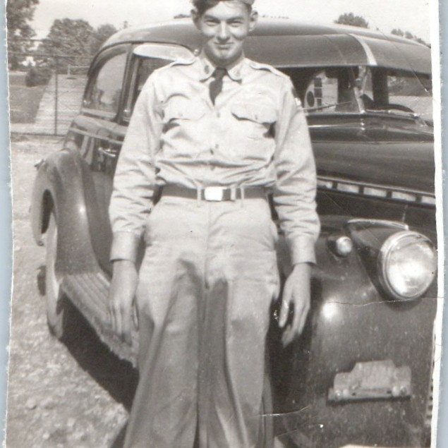 c1940s WWII US Army GI Soldier Uniform Pontiac Silver Streak Car Snapshot Photo