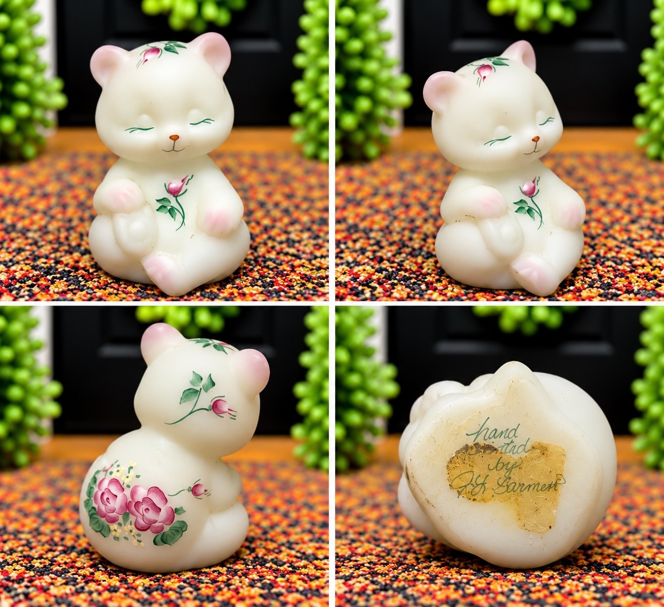 Fenton White Bear Figurine with Pink Roses