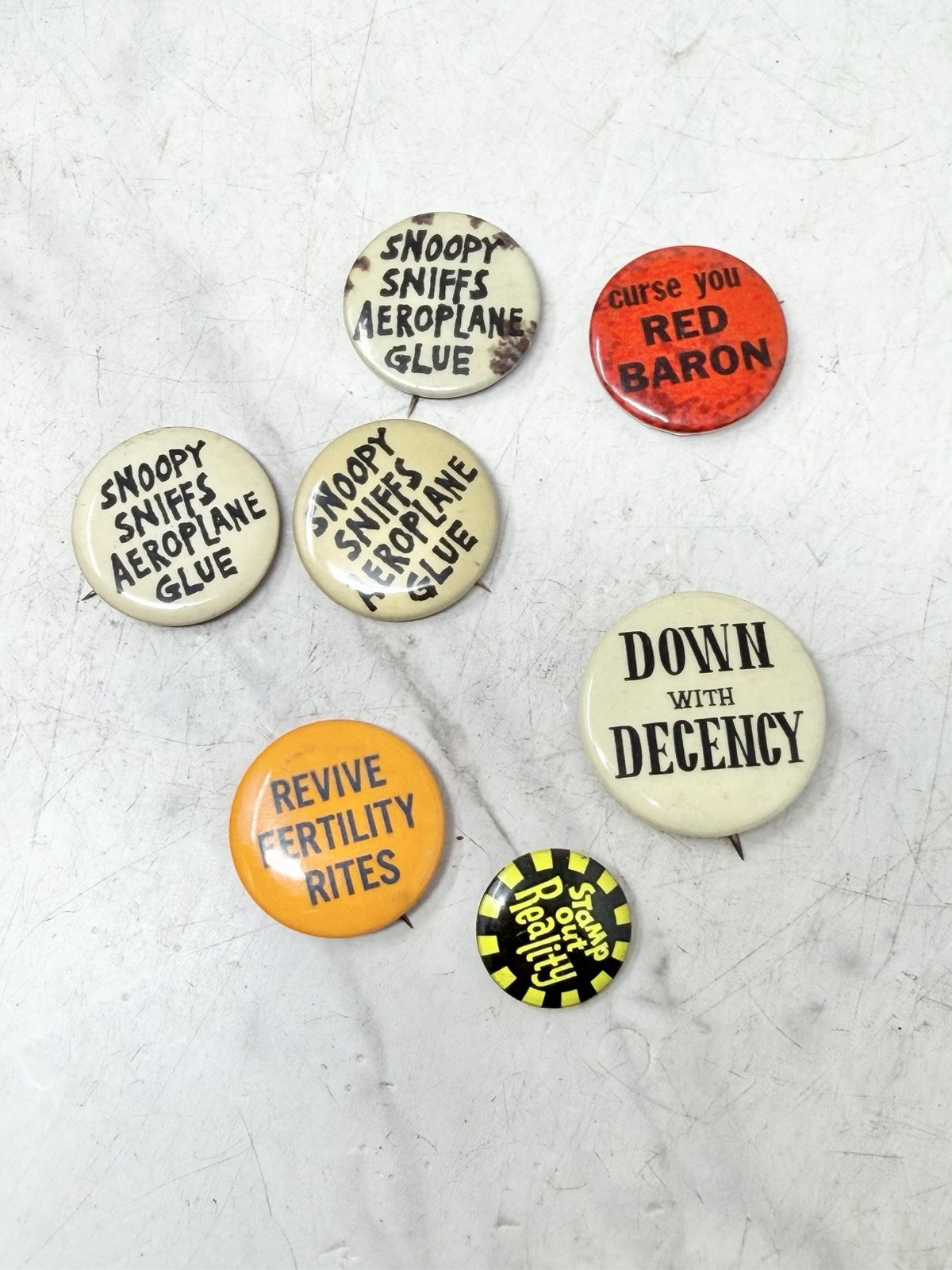 Vintage 1960s Counterculture Pinback Button Lot Snoopy Red Baron Hippie