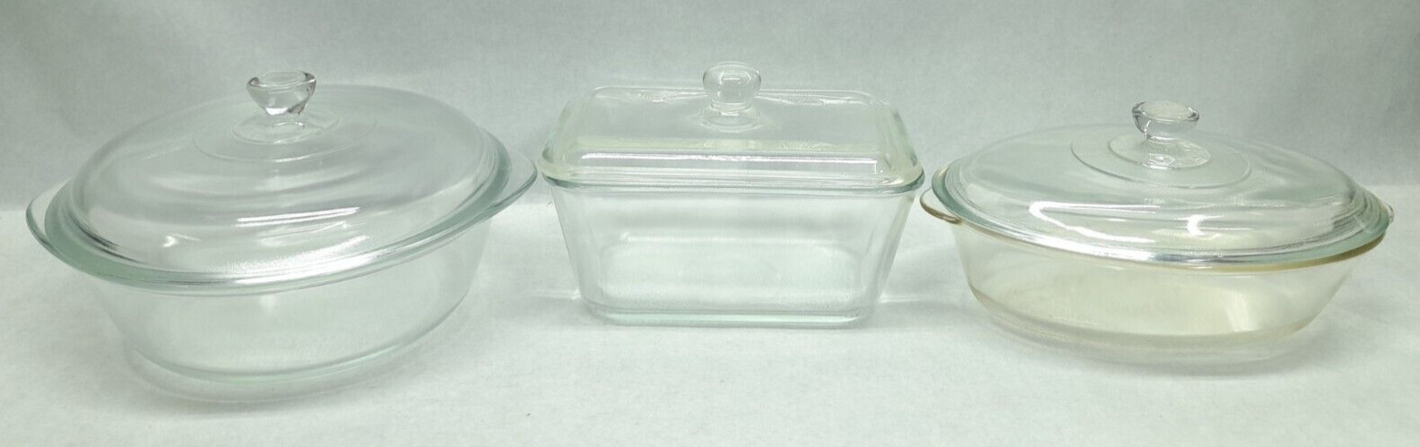 Glasbake w/ Lids 3 pc Lot - 1 Qt Oval J235, 1.5 Qt Rect. J805 & 2 Qt Round J514