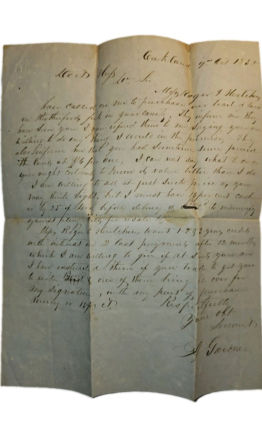 1855 Major Alfred Gardner TN Sheriff Land Sale Letter Dr Nelson Hess Oakland
