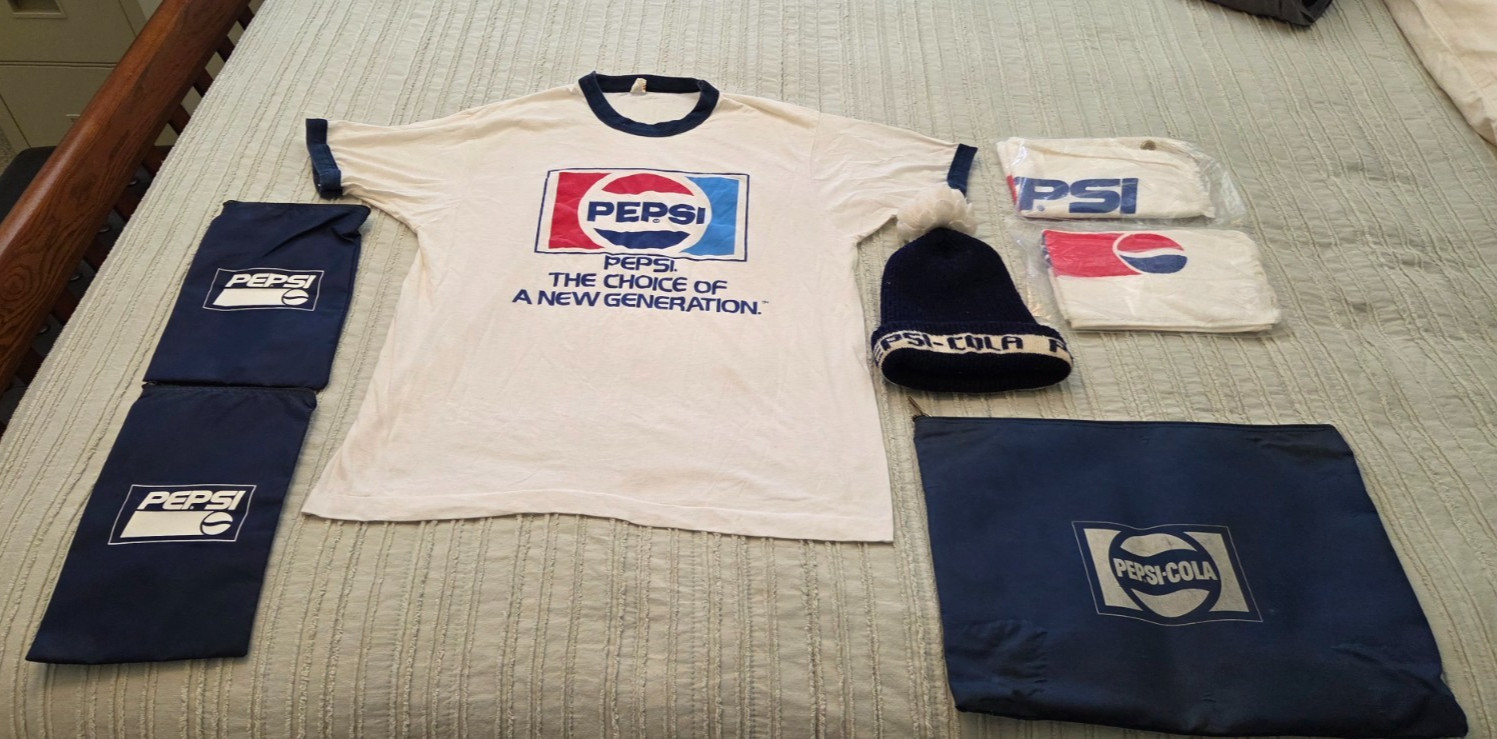 Vintage Pepsi Money Bag Bags Golf Towel T Shirt Stocking Cap Lot of 7 RARE