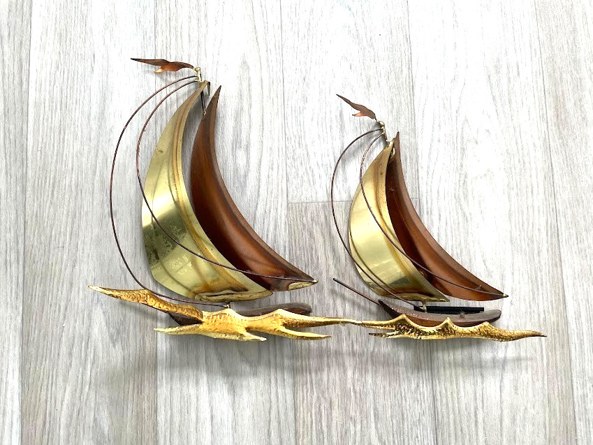 2 Vtg MCM Sailboat Wall Art Brass Copper gold Metal Wood Nautical 11