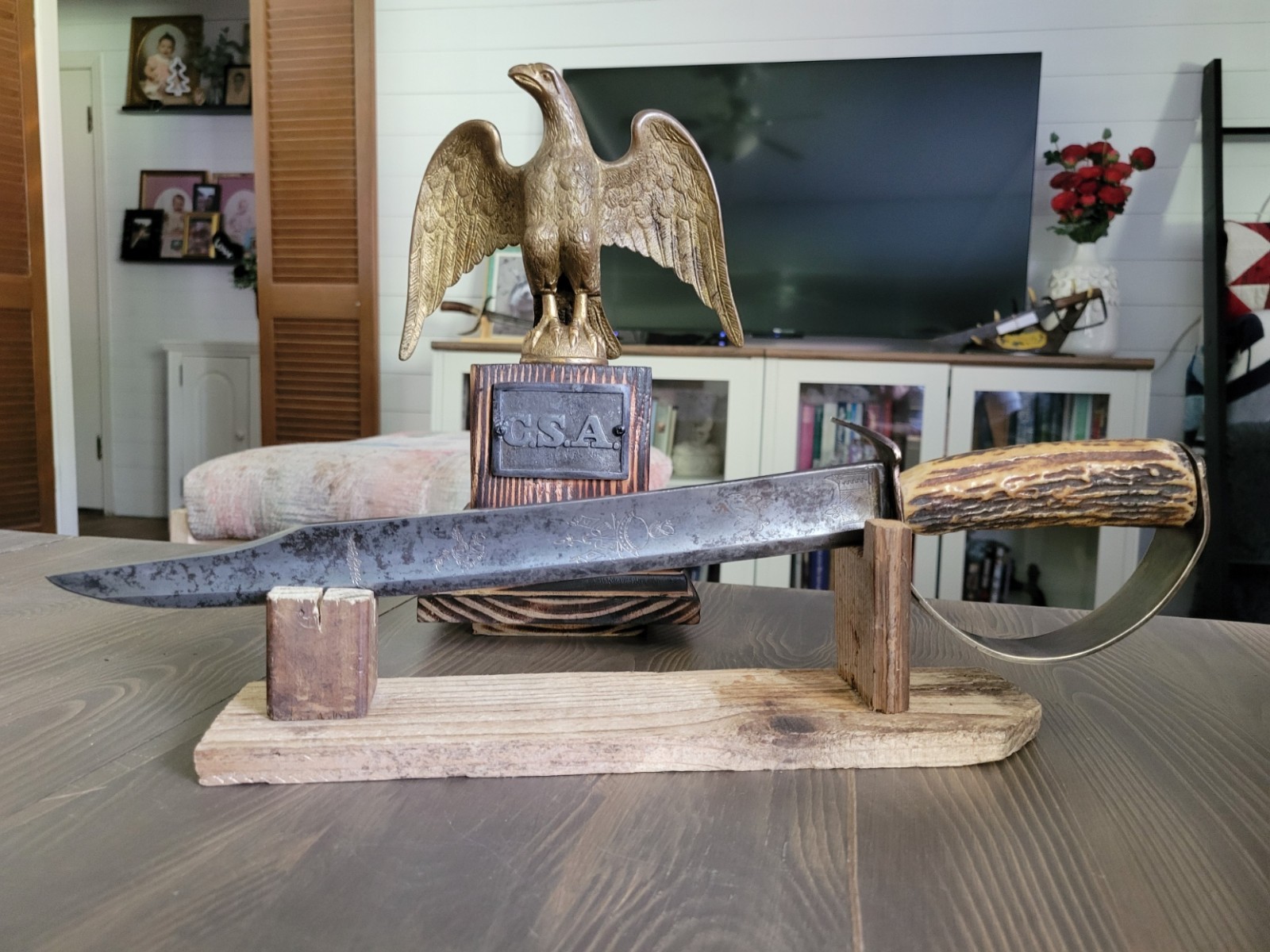 Antique Etched Eagle Head Blade Repurposed D-Guard Bowie Knife-Philip Adams