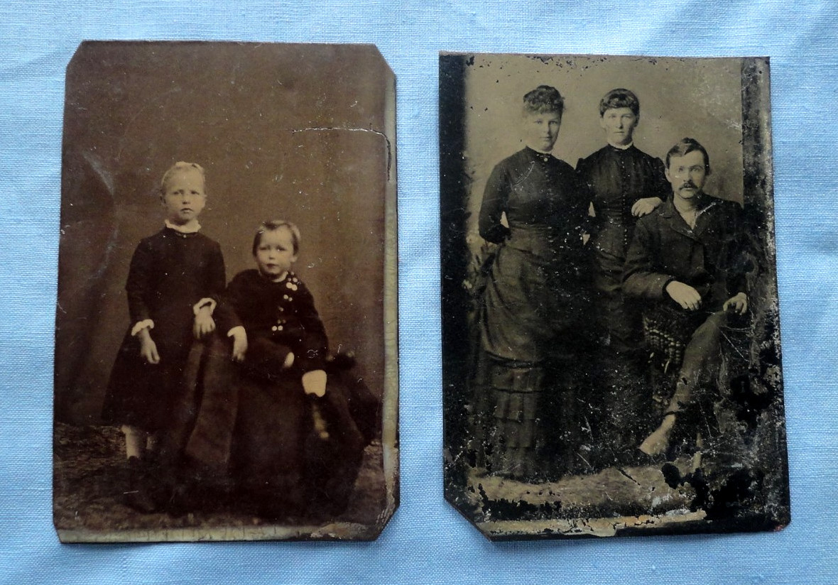 Pair of Antique 1890's Tin Type Photos Man, Women, Children in Victorian Fashion