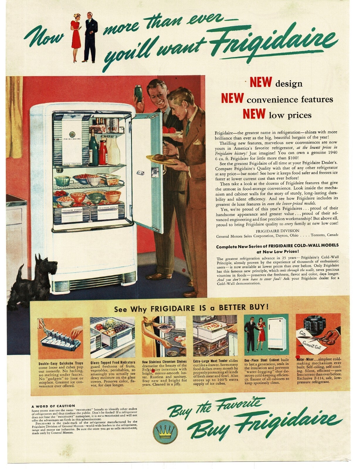 1940 Frigidaire Refrigerator men admire it Scottish terrier art Vintage Print Ad