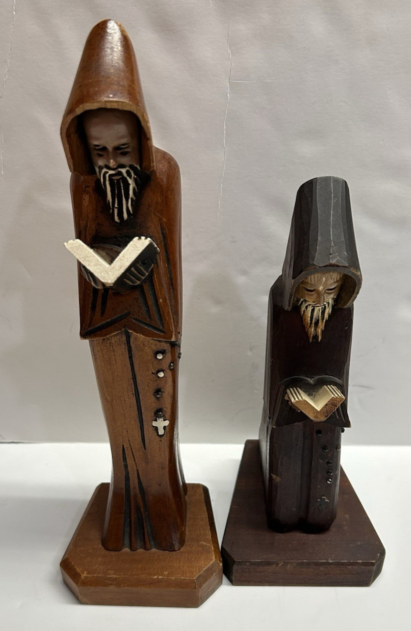 2 VTG Mexican Folk Art Hand Carved Wood Standing Hooded Monk Priest Friar