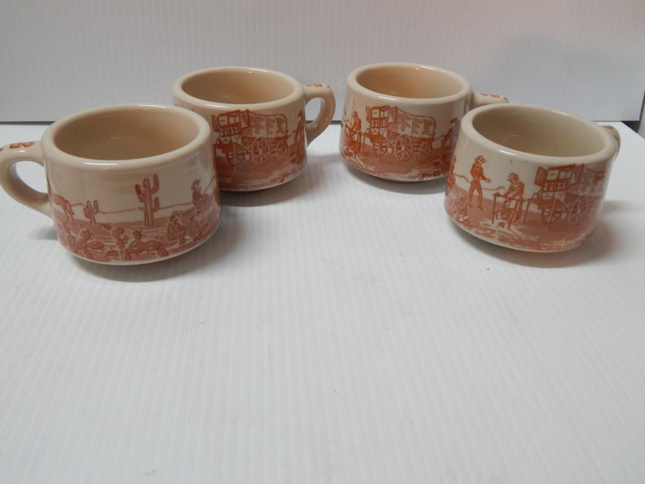 LOT OF 4 VINTAGE COWBOY WESTERN CHUCKWAGON WALLACE CHINA RESTAURANT COFFEE CUPS