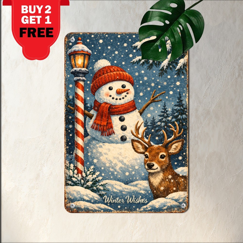 Snowman And Reindeer Winter Holiday Sign Carved Foil Metal Wall Decor 8x12