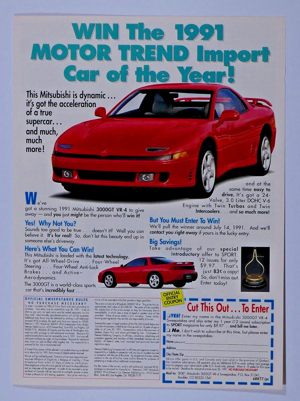 1991 Mitsubishi 3000 GT VR 4 Green Font Vintage Original Print Ad 8.5 x 11\