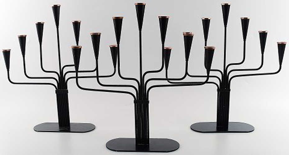 3 large seven armed Swedish design candlesticks in metal with brass top