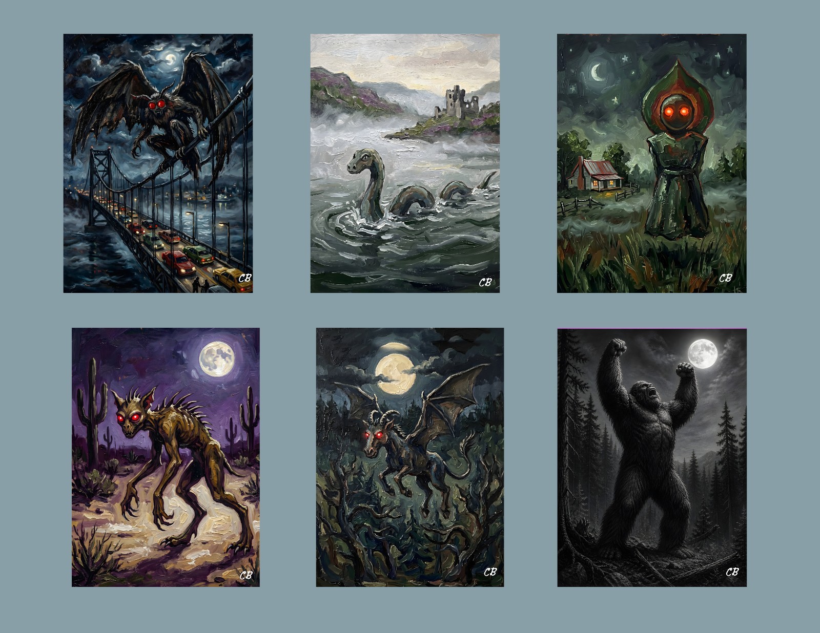 Cryptid Legends ACEO Giclee Set of 6 | Mothman Nessie Bigfoot | Folk Art Cards