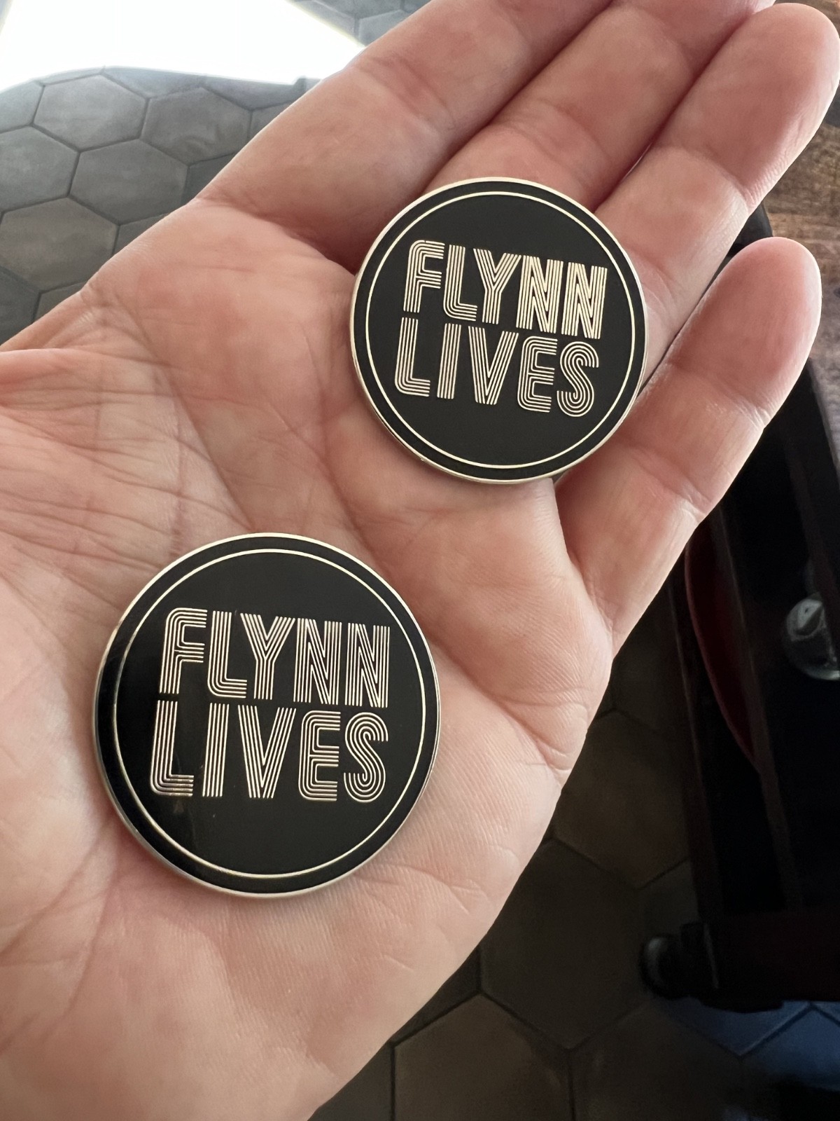 Pair of Disney Tron Legacy Pins:  2010 Encom Flynn Lives