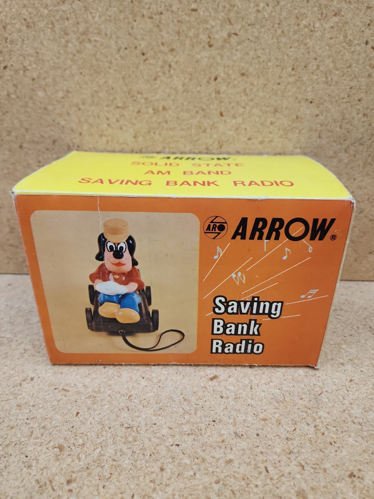 Vintage 1970's Arrow Cartoon Dog Pull Along Trolley Saving Bank AM Radio NEW NIB