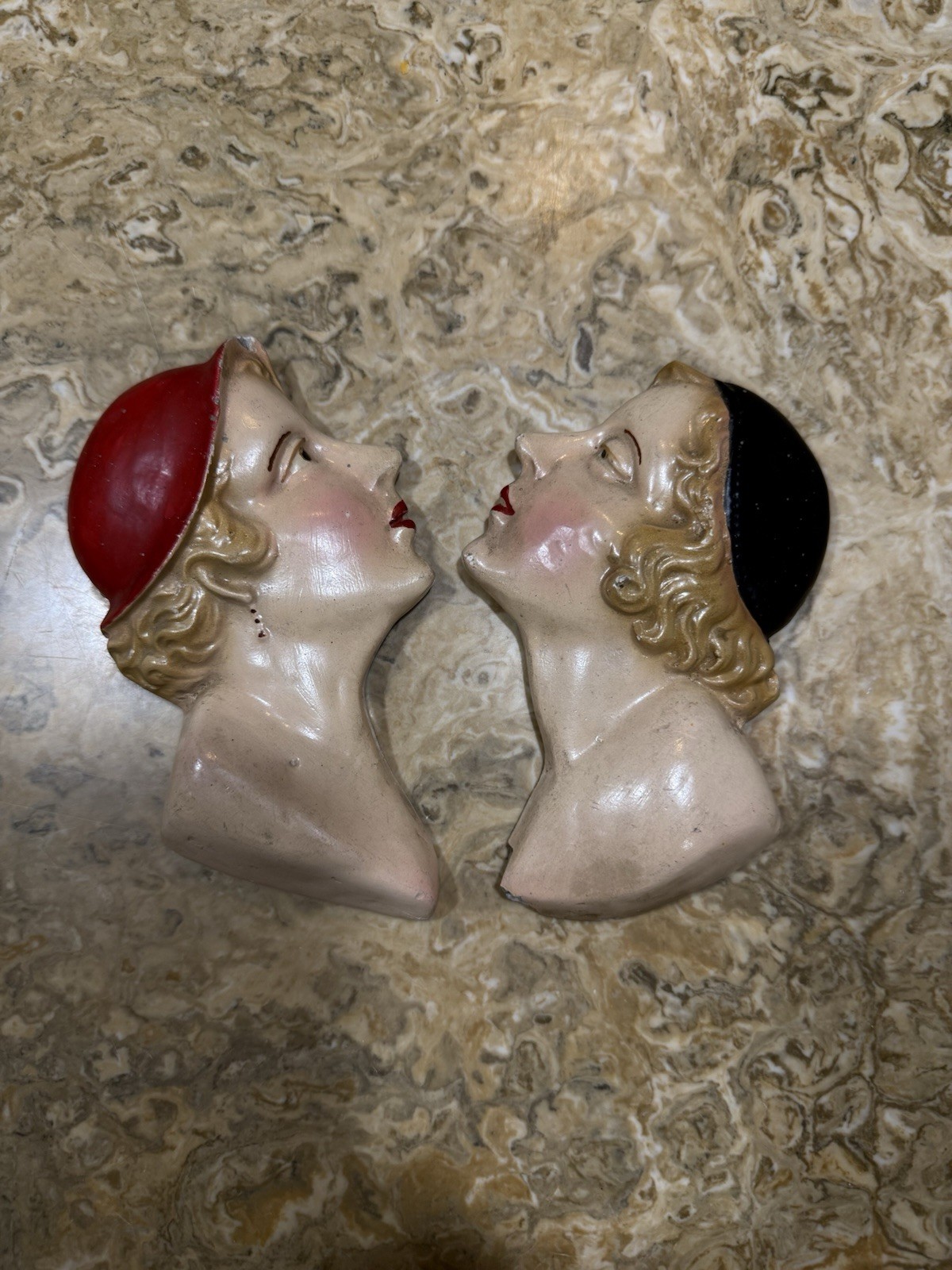 2 Vintage Wall Plaque Deco Beautiful Woman's Profile Retro Flapper One Cracked