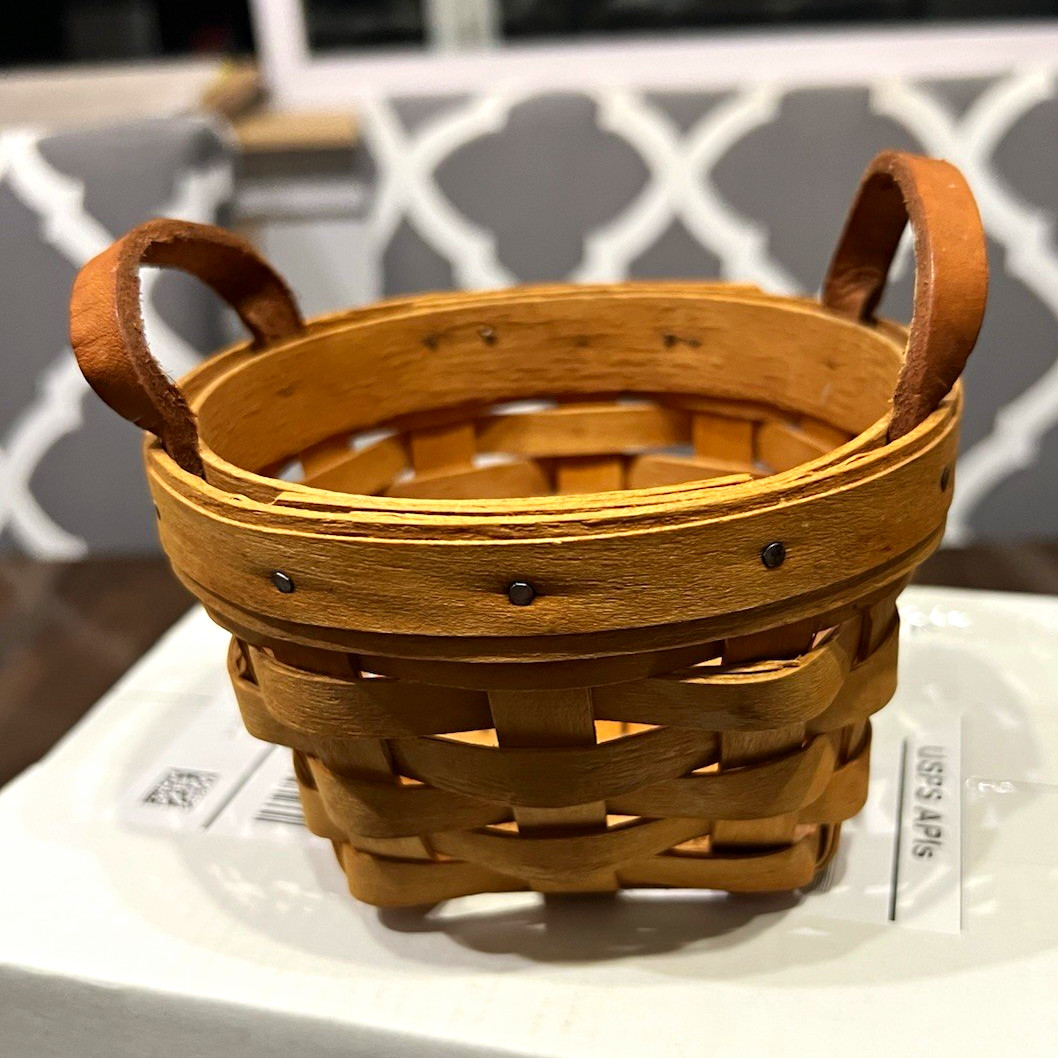 Longaberger Small Handwoven Miniature Square Basket w/ Leather Handles 1997